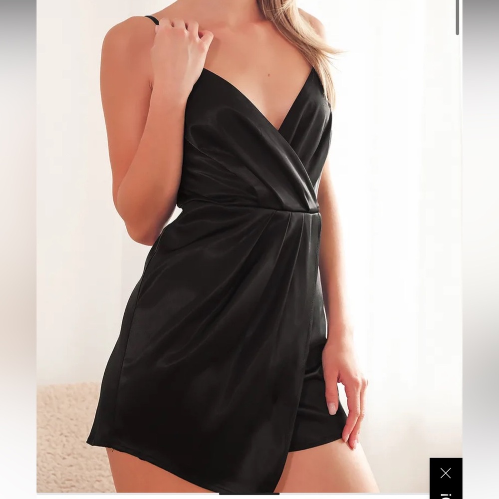 Worn once Lulus Party Mood Black Satin Pleated Romper - Picture 3 of 10
